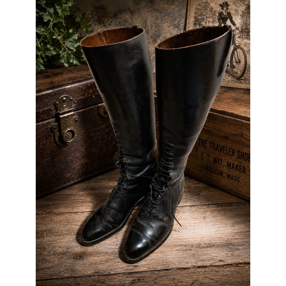1910s The Traveler Shoe I.T. Wit Maker black leather tall lace-up tall boots